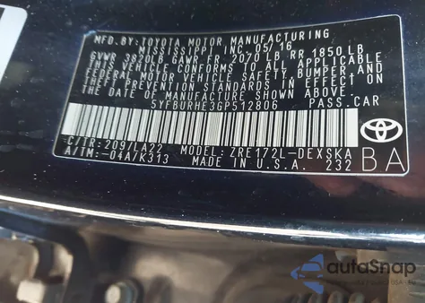 2016 Toyota Corolla S Premium из США, поврежденный, VIN 5YFBURHE3GP512806